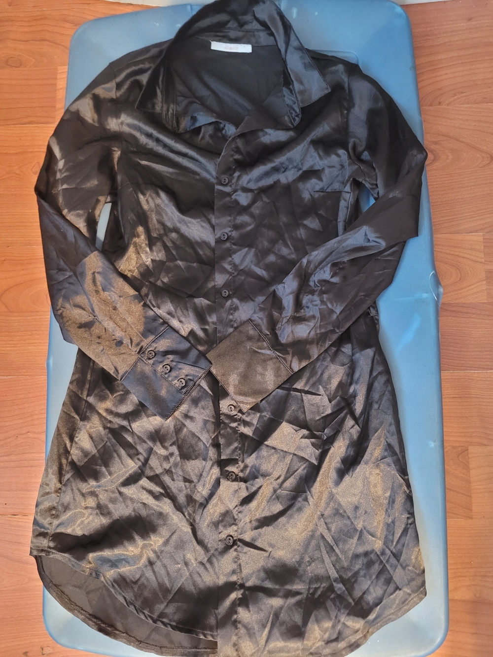 Shasa Black Satin Long Sleeve Shirt Dress